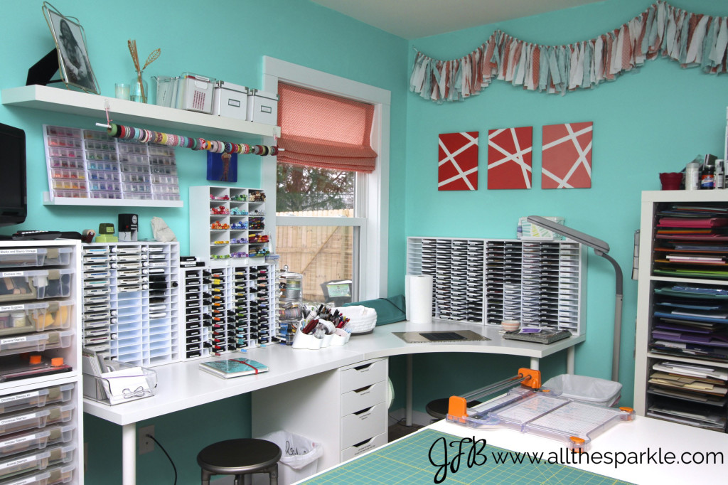 Teal, coral, and white craft room www.allthesparkle.com