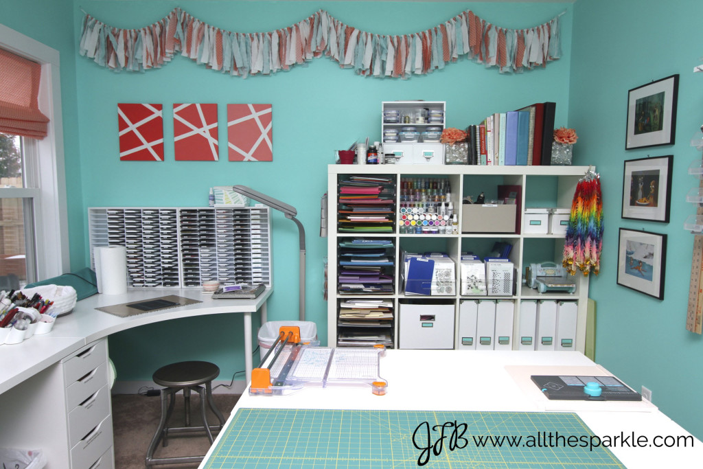 Teal, coral, and white craft room www.allthesparkle.com