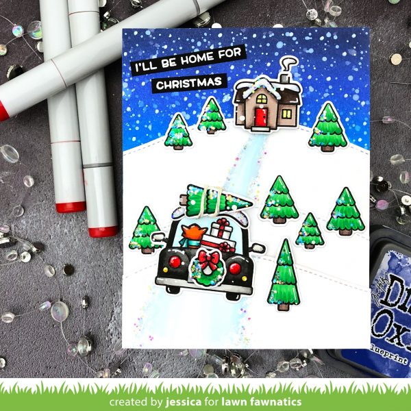 Christmas Scene Card with Car Critters by Jessica Frost-Ballas for Lawn Fawn