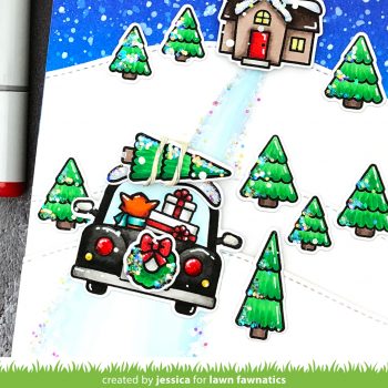 Christmas Scene Card with Car Critters by Jessica Frost-Ballas for Lawn Fawn