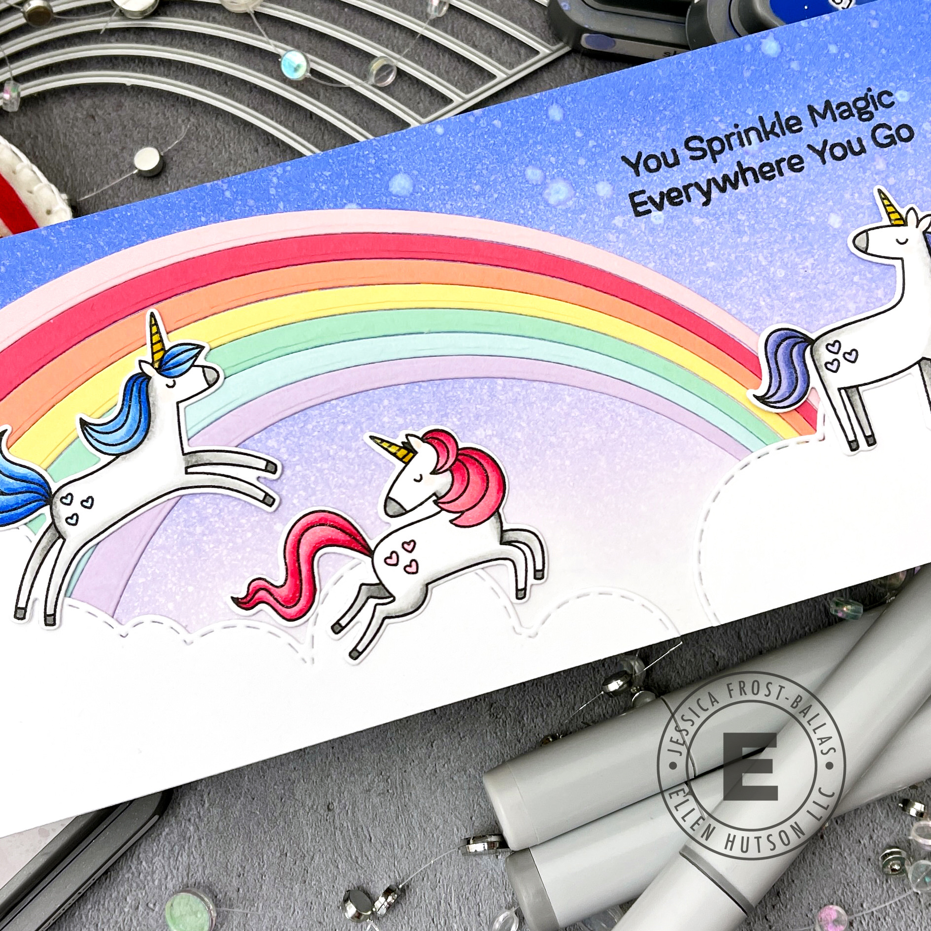 Unicorns and Rainbows by Jessica Frost-Ballas for Ellen Hutson - MFT Friendly Unicorns, Trinity Stamps Rainbow Builder